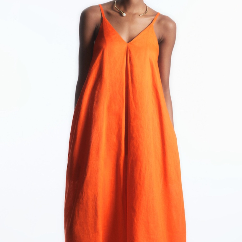 COS Pleated V-Neck Linen Midi Dress